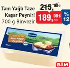 BİNVEZİR TAM YAĞLI TAZE KAŞAR PEYNİRİ 700 G